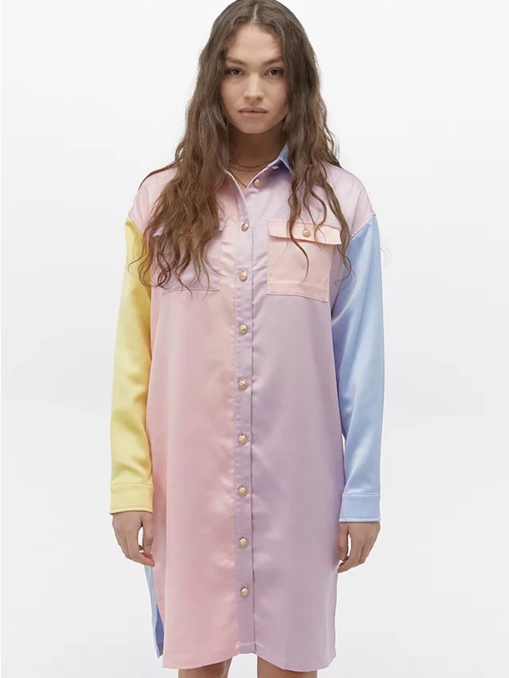 Lazy Oaf Satin Queen Pastel Colorblock Button-Down Shirt Dress - Medium